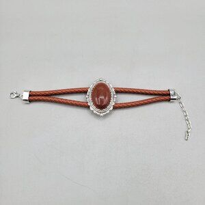 Gold Sandstone Leather Bracelet Silvertone Accents Lobster Clasp Closure